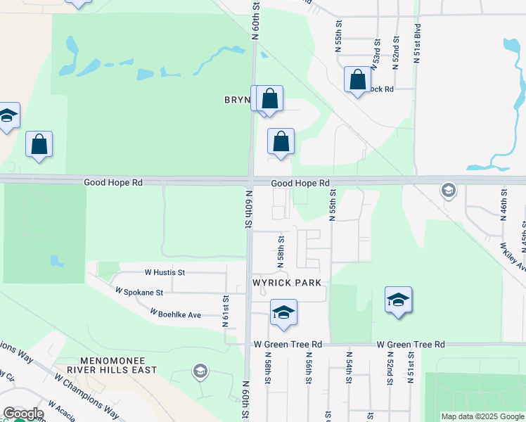 map of restaurants, bars, coffee shops, grocery stores, and more near 5701 Good Hope Road in Milwaukee
