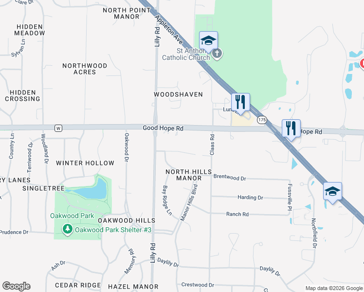 map of restaurants, bars, coffee shops, grocery stores, and more near N72W13791 Good Hope Road in Menomonee Falls