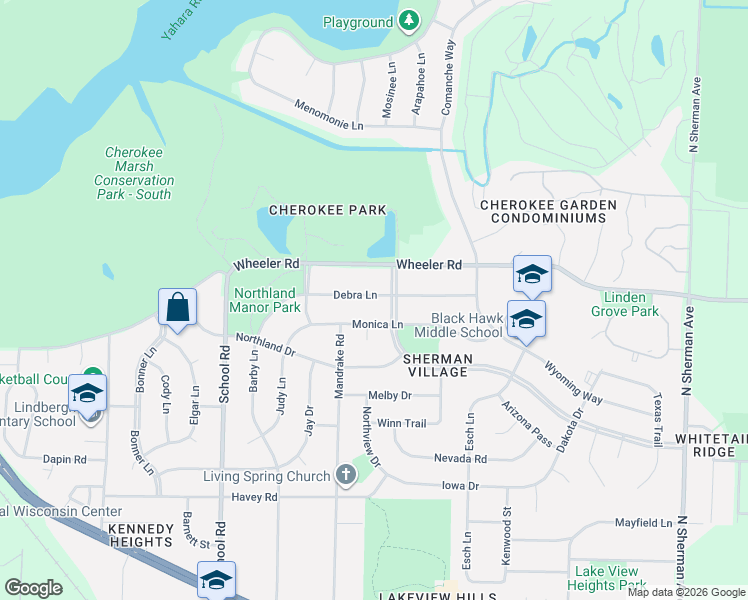 map of restaurants, bars, coffee shops, grocery stores, and more near 1126 Debra Lane in Madison