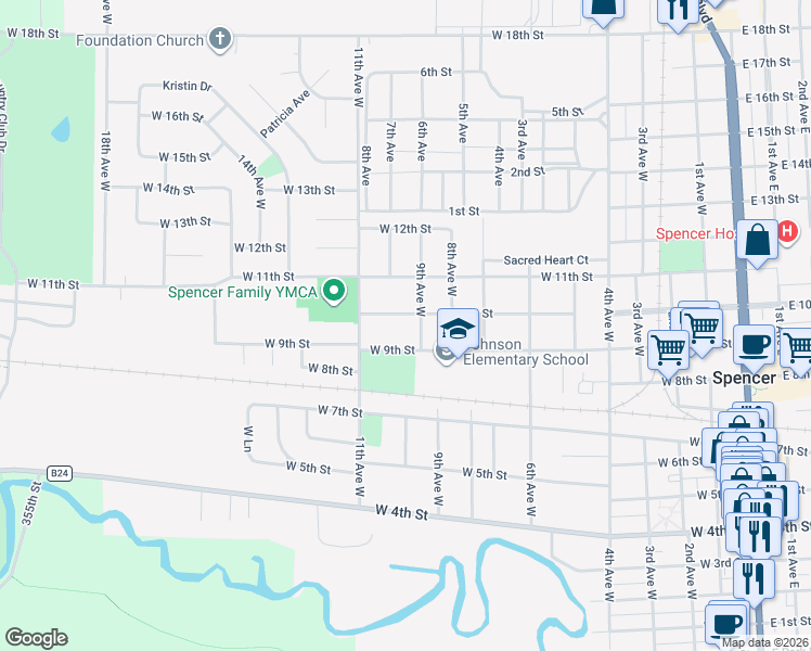 map of restaurants, bars, coffee shops, grocery stores, and more near 910 W 10th St in Spencer