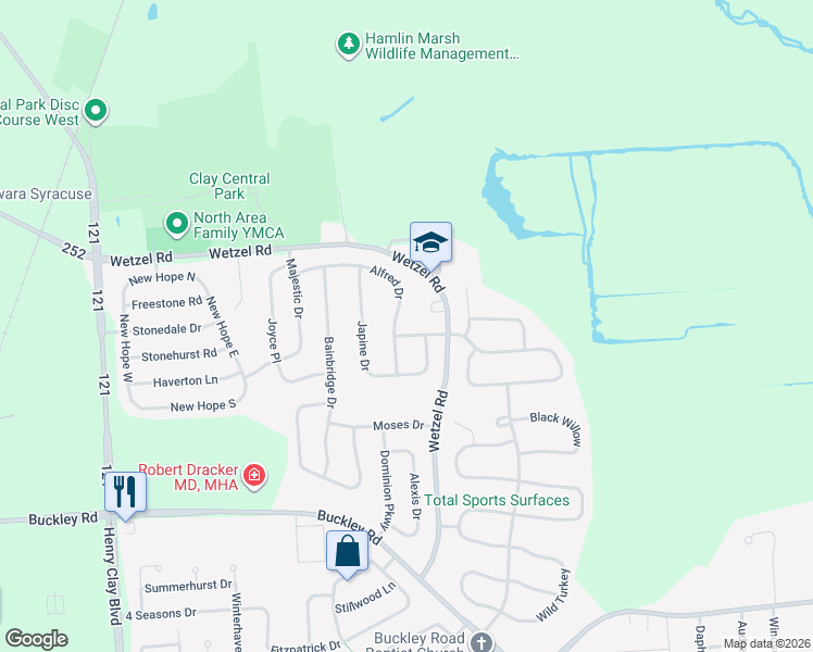 map of restaurants, bars, coffee shops, grocery stores, and more near 4989 Alfred Drive in Liverpool