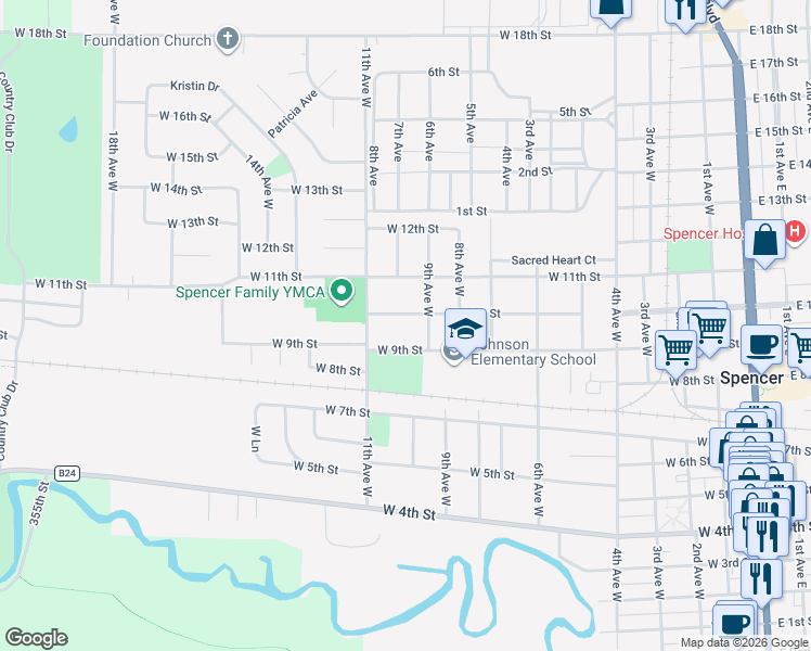 map of restaurants, bars, coffee shops, grocery stores, and more near 910 W 10th St in Spencer
