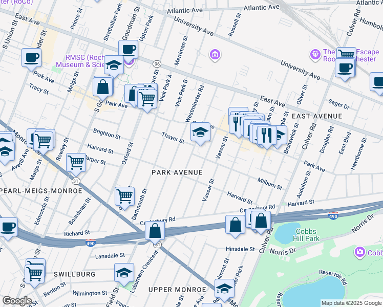 map of restaurants, bars, coffee shops, grocery stores, and more near Barrington St & Milburn St in Rochester