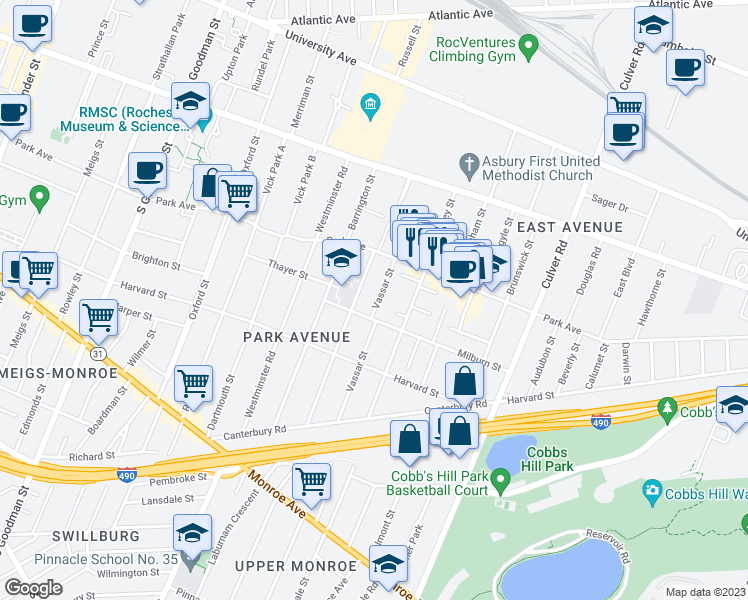 map of restaurants, bars, coffee shops, grocery stores, and more near 65 Vassar Street in Rochester