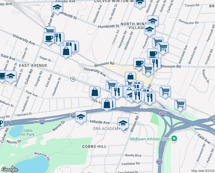 map of restaurants, bars, coffee shops, grocery stores, and more near 1640 East Avenue in Rochester