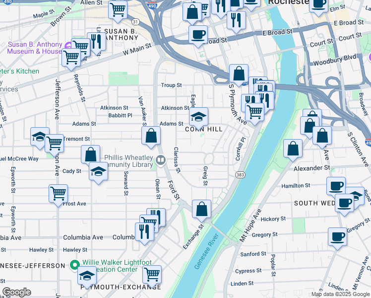 map of restaurants, bars, coffee shops, grocery stores, and more near 97 Tremont Circle in Rochester