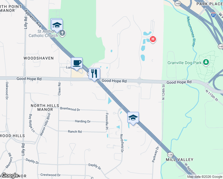 map of restaurants, bars, coffee shops, grocery stores, and more near Appleton Avenue in Menomonee Falls