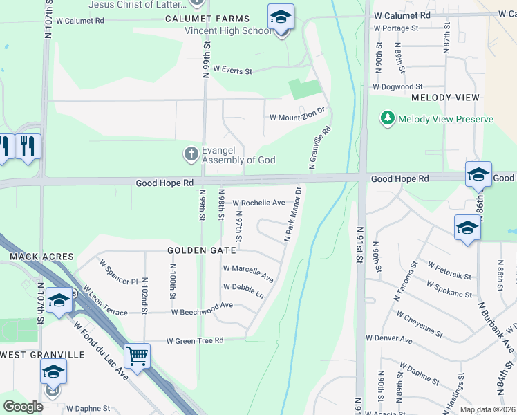 map of restaurants, bars, coffee shops, grocery stores, and more near 9610 West Rochelle Avenue in Milwaukee