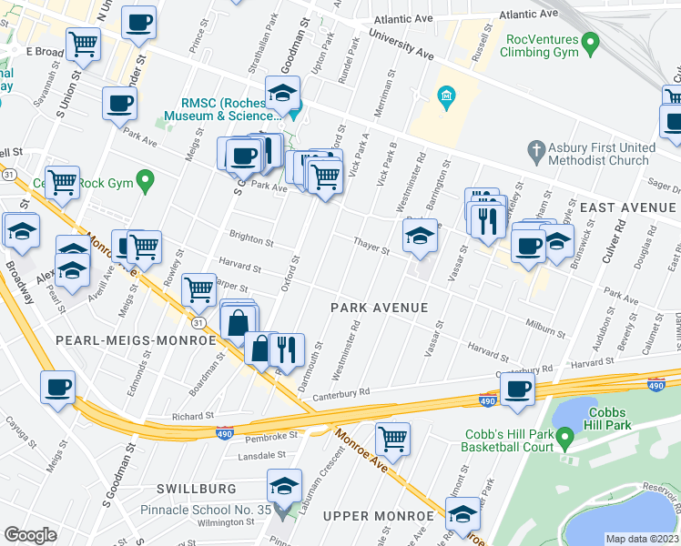 map of restaurants, bars, coffee shops, grocery stores, and more near 103 Dartmouth Street in Rochester