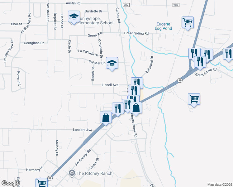 map of restaurants, bars, coffee shops, grocery stores, and more near 165 Southwest Chandler Drive in Roseburg