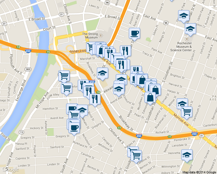 map of restaurants, bars, coffee shops, grocery stores, and more near 165 Alexander St in Rochester