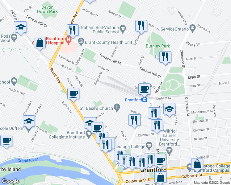 map of restaurants, bars, coffee shops, grocery stores, and more near 70 Wadsworth Street in Brantford