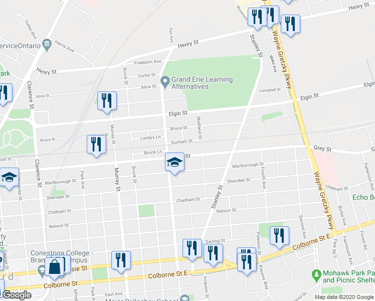 map of restaurants, bars, coffee shops, grocery stores, and more near 264 Grey Street in Brantford