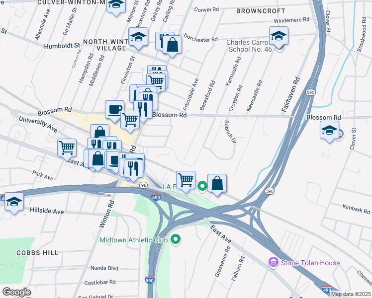 map of restaurants, bars, coffee shops, grocery stores, and more near 71 Beresford Road in Rochester