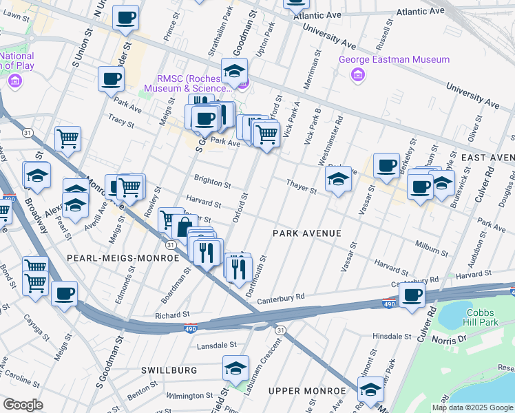 map of restaurants, bars, coffee shops, grocery stores, and more near 115 Rutgers Street in Rochester