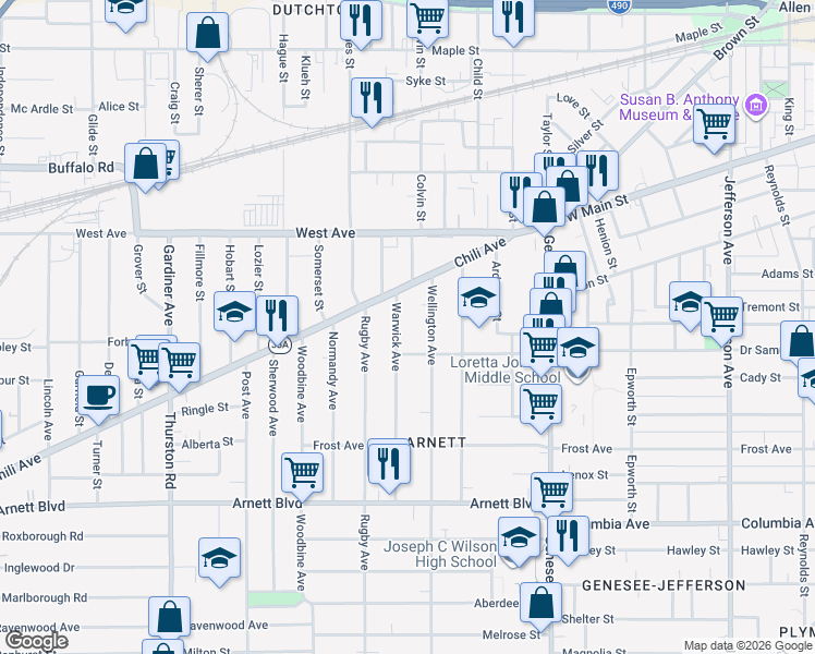 map of restaurants, bars, coffee shops, grocery stores, and more near 38 Warwick Avenue in Rochester