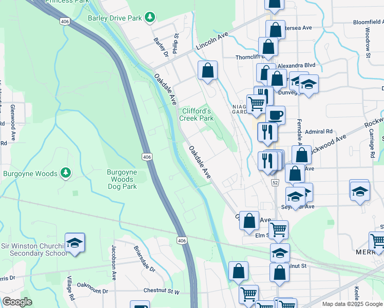 map of restaurants, bars, coffee shops, grocery stores, and more near 145 Oakdale Avenue in St. Catharines