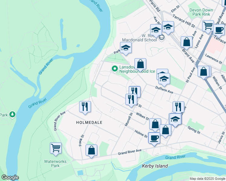map of restaurants, bars, coffee shops, grocery stores, and more near 121 Burwell Street in Brantford