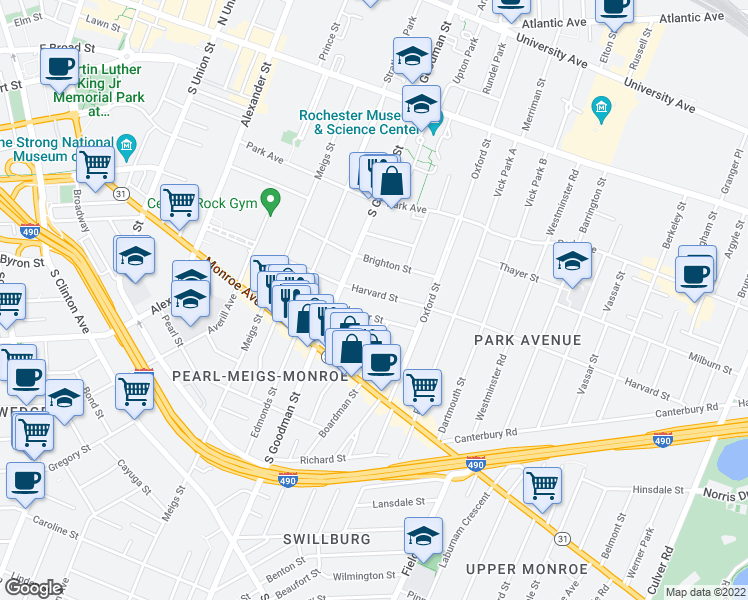 map of restaurants, bars, coffee shops, grocery stores, and more near in Rochester