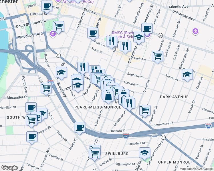 map of restaurants, bars, coffee shops, grocery stores, and more near 55 Rowley Street in Rochester