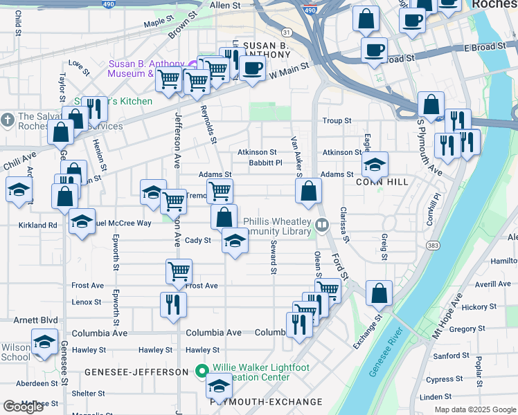 map of restaurants, bars, coffee shops, grocery stores, and more near 303 Tremont Street in Rochester