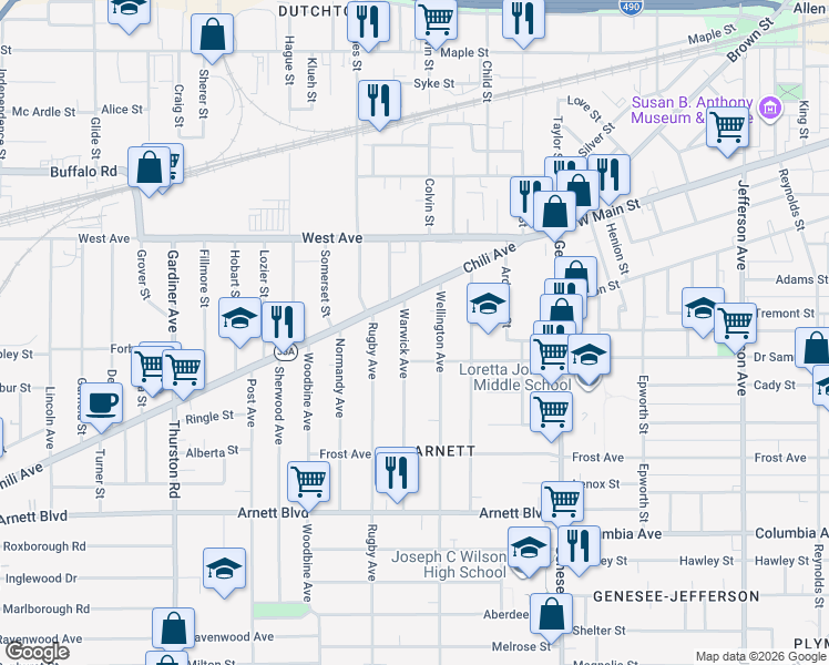 map of restaurants, bars, coffee shops, grocery stores, and more near 38 Warwick Avenue in Rochester