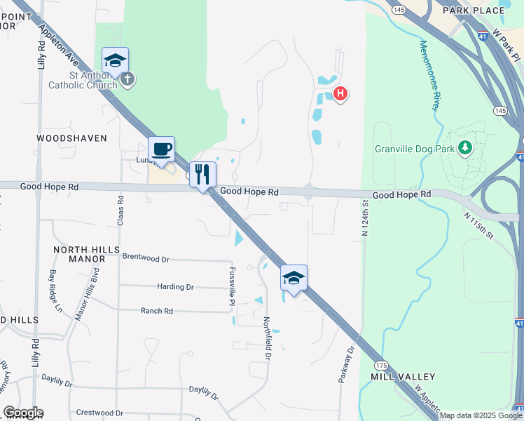 map of restaurants, bars, coffee shops, grocery stores, and more near N70W12900 West Appleton Avenue in Menomonee Falls