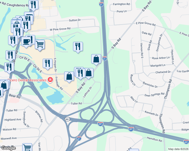 map of restaurants, bars, coffee shops, grocery stores, and more near 5756 South Bay Road in Cicero