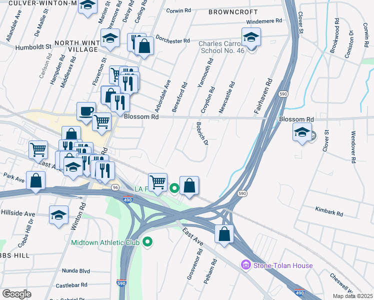 map of restaurants, bars, coffee shops, grocery stores, and more near 119 Bobrich Drive in Rochester