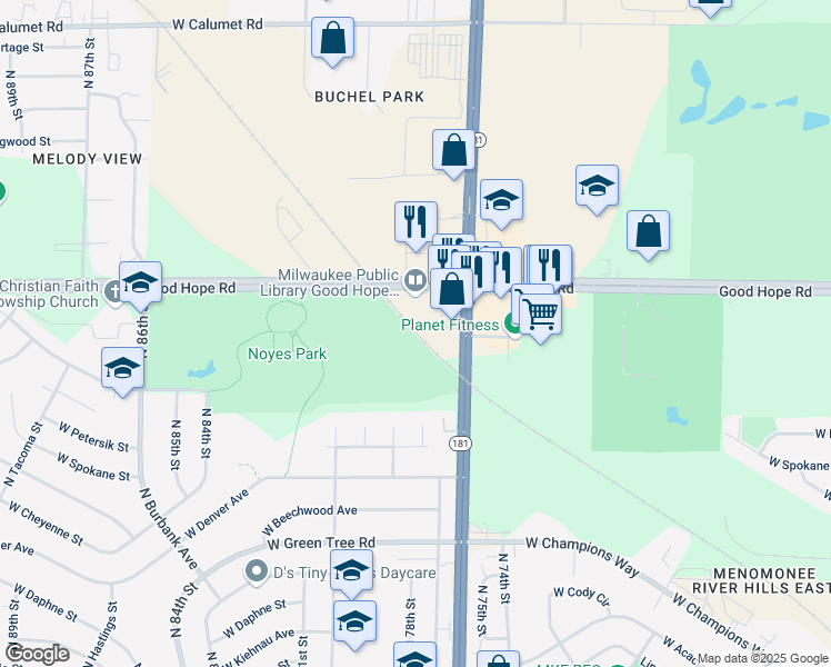 map of restaurants, bars, coffee shops, grocery stores, and more near 7717 ADJ West Good Hope Road in Milwaukee