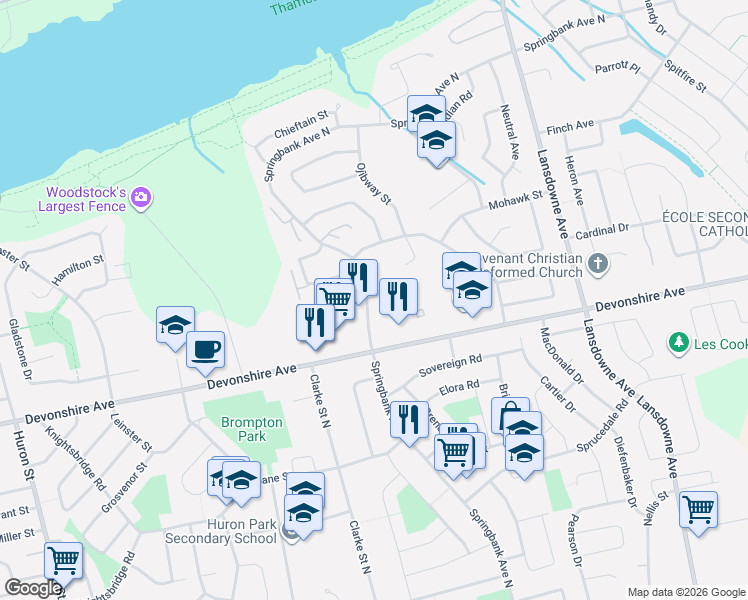 map of restaurants, bars, coffee shops, grocery stores, and more near 366 Springbank Avenue in Woodstock