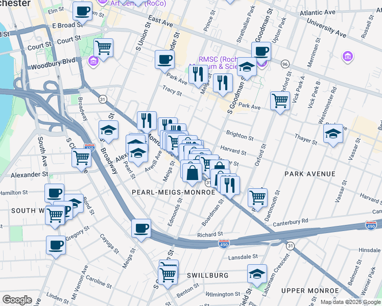 map of restaurants, bars, coffee shops, grocery stores, and more near 55 Rowley Street in Rochester