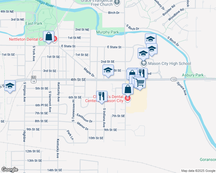 map of restaurants, bars, coffee shops, grocery stores, and more near 1421 4th Street Southeast in Mason City