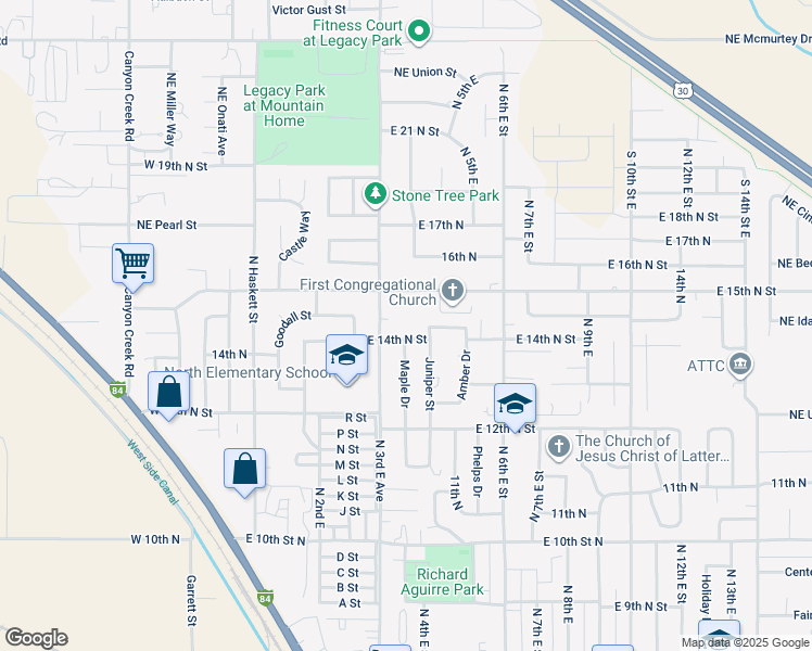 map of restaurants, bars, coffee shops, grocery stores, and more near 1400 North 3rd East Street in Mountain Home