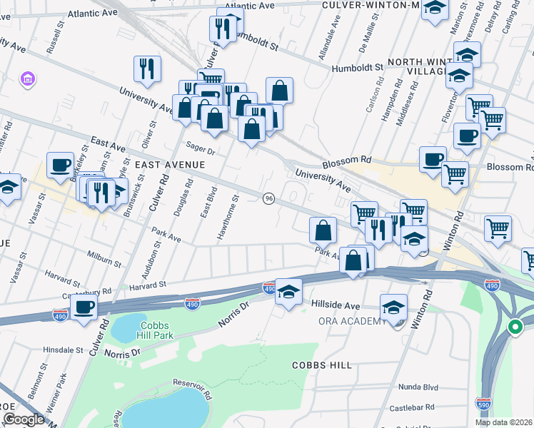 map of restaurants, bars, coffee shops, grocery stores, and more near 1419 East Avenue in Rochester