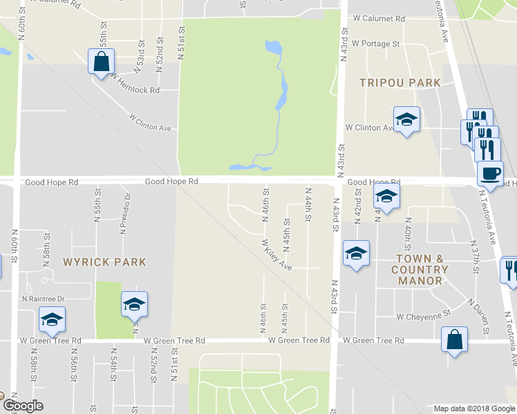 map of restaurants, bars, coffee shops, grocery stores, and more near 4614 West Rochelle Avenue in Milwaukee