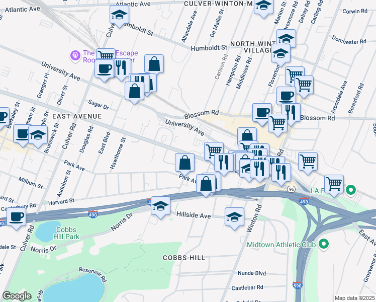 map of restaurants, bars, coffee shops, grocery stores, and more near 1575 East Avenue in Rochester