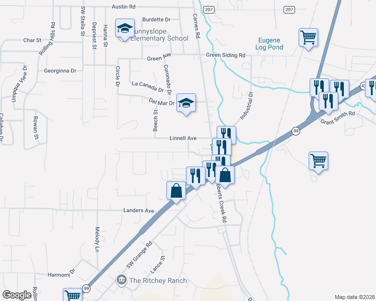 map of restaurants, bars, coffee shops, grocery stores, and more near 145 Southwest Ash Street in Roseburg