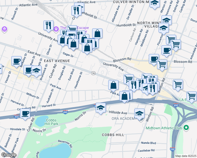 map of restaurants, bars, coffee shops, grocery stores, and more near 1475 East Avenue in Rochester