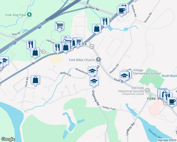 map of restaurants, bars, coffee shops, grocery stores, and more near 3 Winterbrook Drive in York