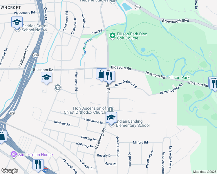 map of restaurants, bars, coffee shops, grocery stores, and more near North Landing Road in Rochester