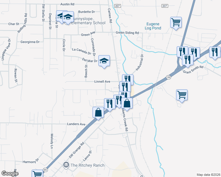 map of restaurants, bars, coffee shops, grocery stores, and more near 163 Southwest Chandler Drive in Roseburg