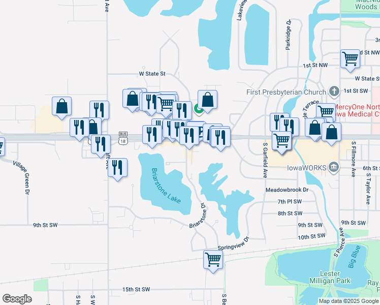 map of restaurants, bars, coffee shops, grocery stores, and more near 2117 4th Street Southwest in Mason City