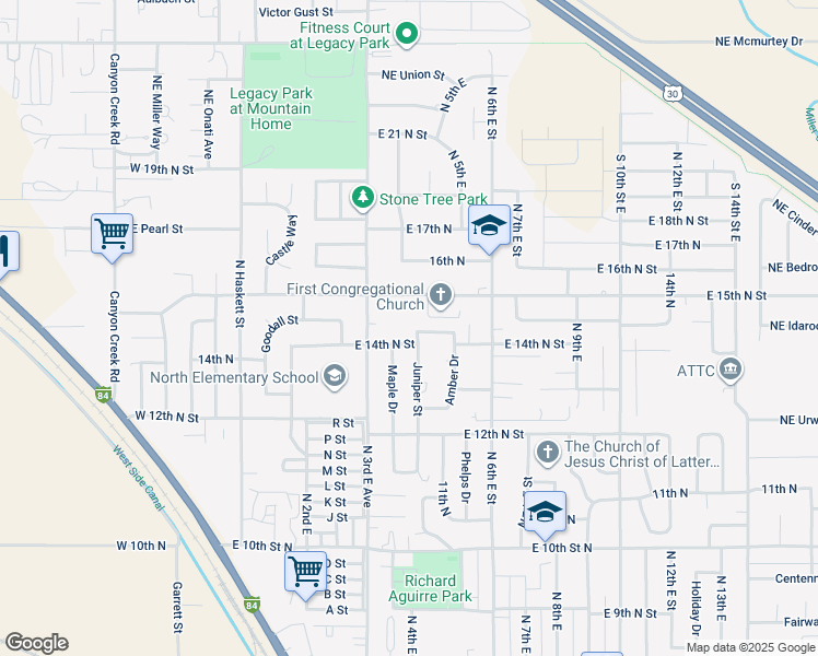 map of restaurants, bars, coffee shops, grocery stores, and more near 1400 North 3rd East Street in Mountain Home