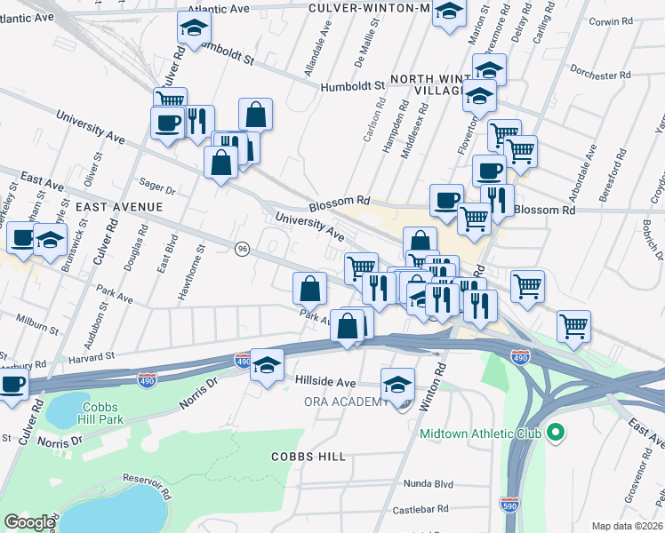map of restaurants, bars, coffee shops, grocery stores, and more near 1575 East Avenue in Rochester