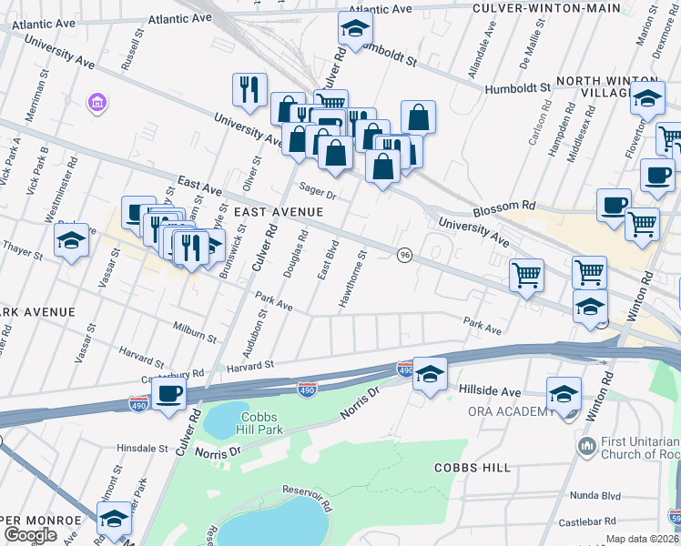 map of restaurants, bars, coffee shops, grocery stores, and more near 32 East Boulevard in Rochester