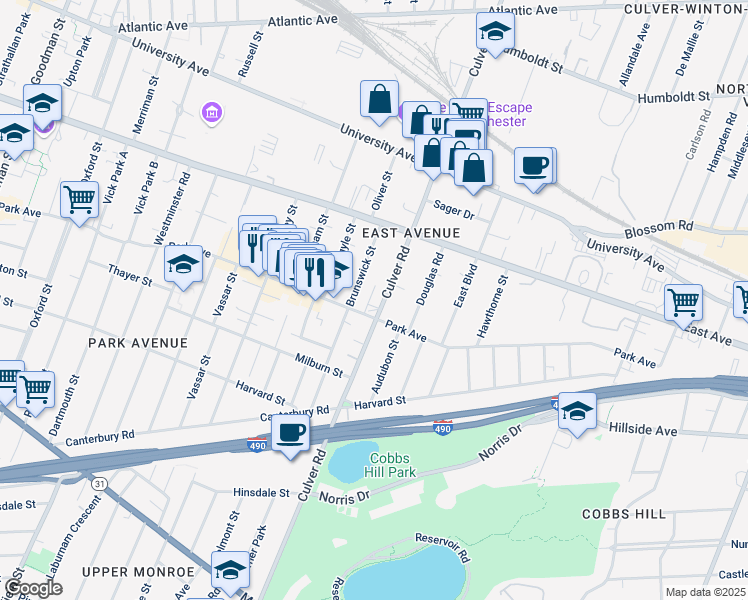map of restaurants, bars, coffee shops, grocery stores, and more near 106 Brunswick Street in Rochester