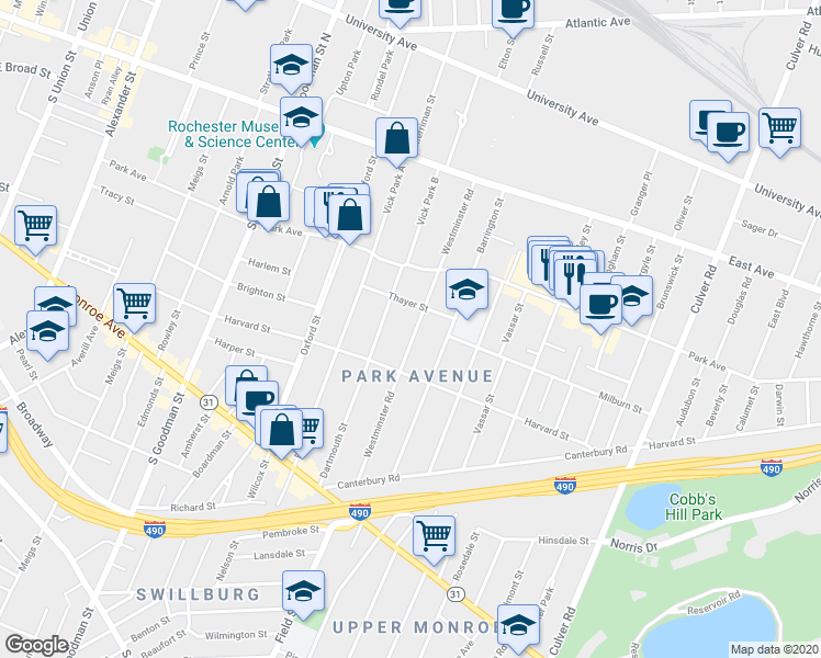 map of restaurants, bars, coffee shops, grocery stores, and more near 202 Westminster Road in Rochester