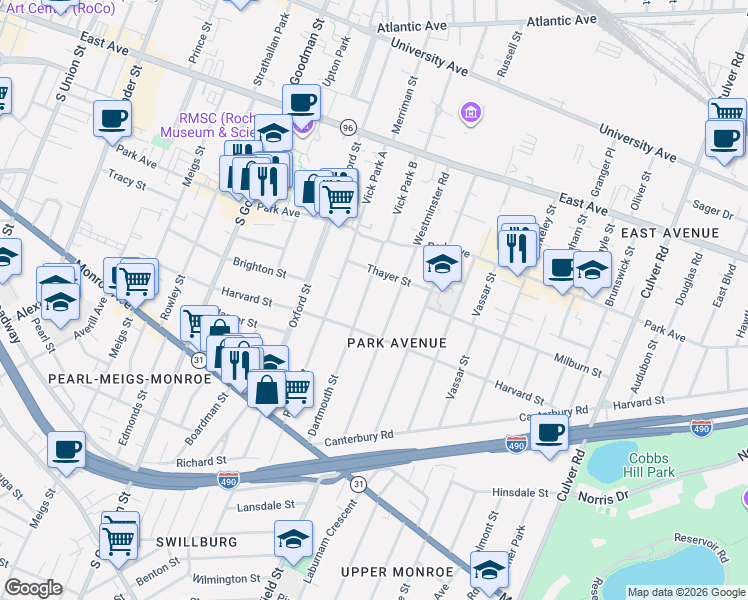 map of restaurants, bars, coffee shops, grocery stores, and more near 84 Dartmouth Street in Rochester