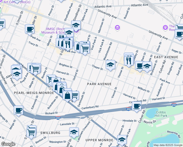 map of restaurants, bars, coffee shops, grocery stores, and more near 84 Dartmouth Street in Rochester